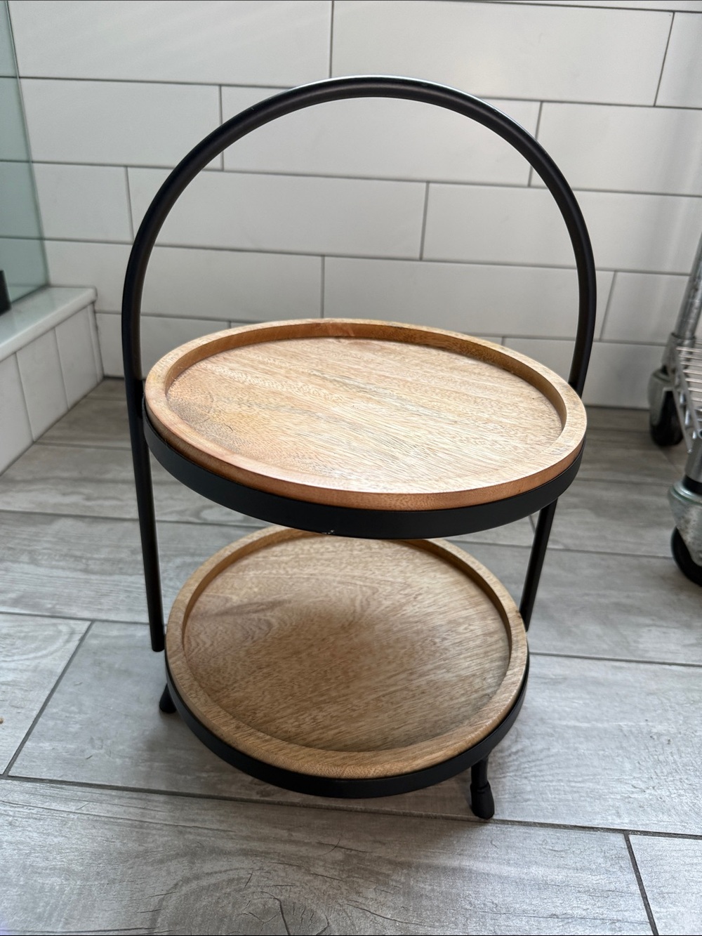 Kirklands Two-Tier Wood and Black Metal Display Stand